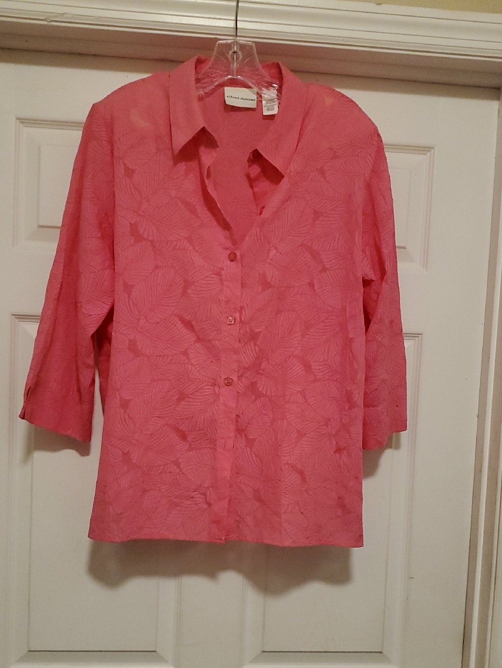 Alfred Dunner Coral-Pink Button Down Floral Texture Shirt